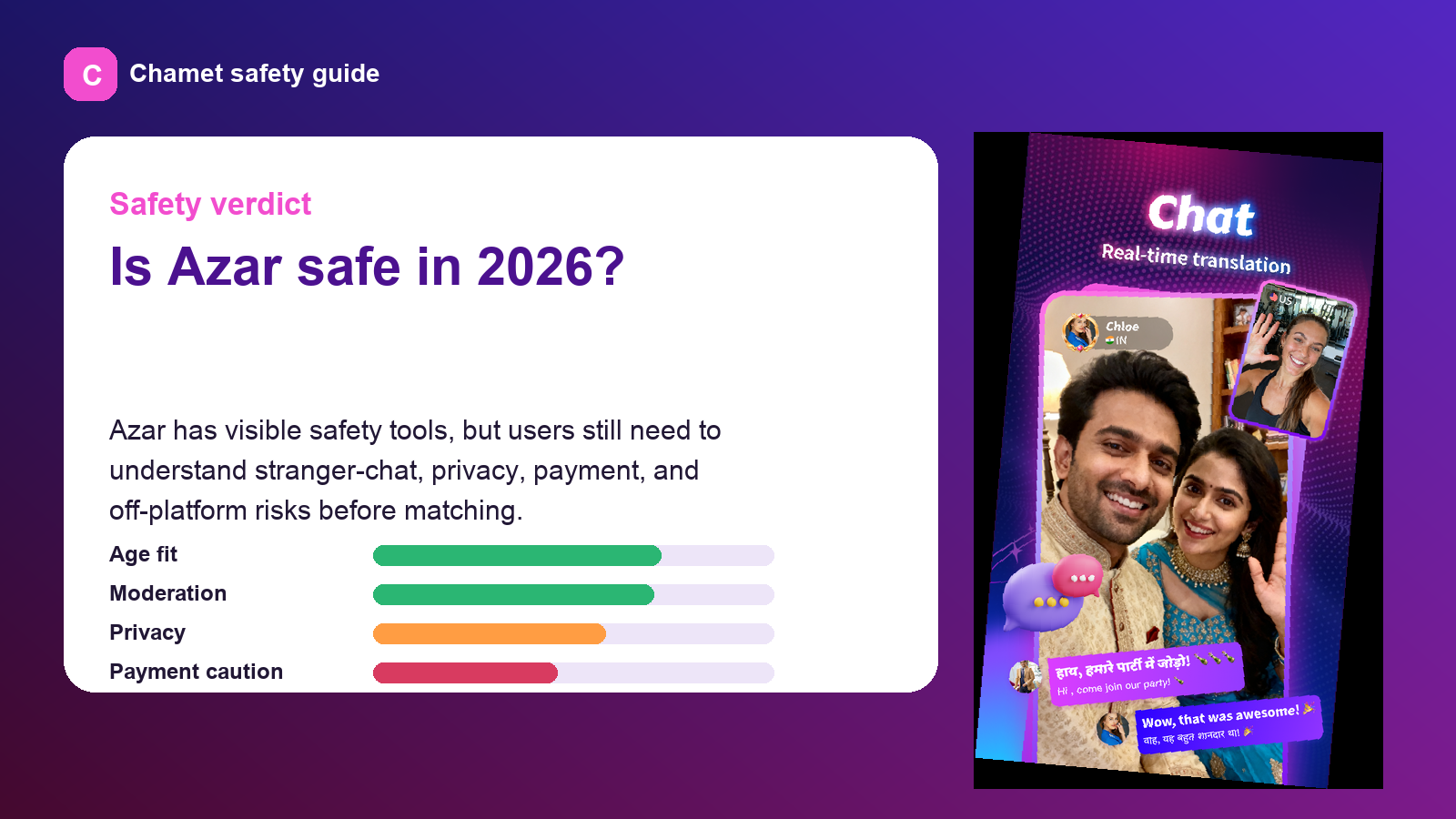 Azar safety verdict visual for 2026 video chat users.